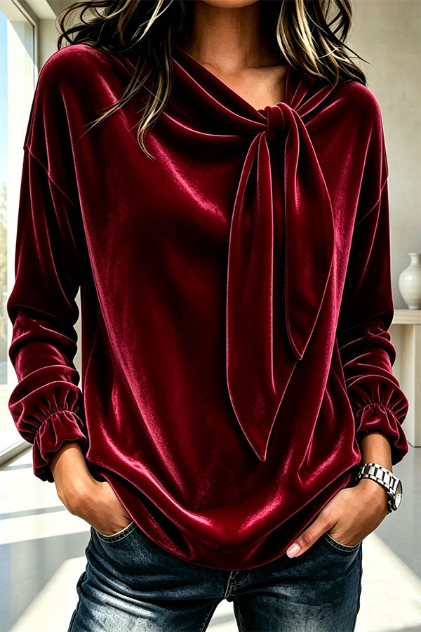 Celeste Velvet Flowing Blouse with Bow Detail