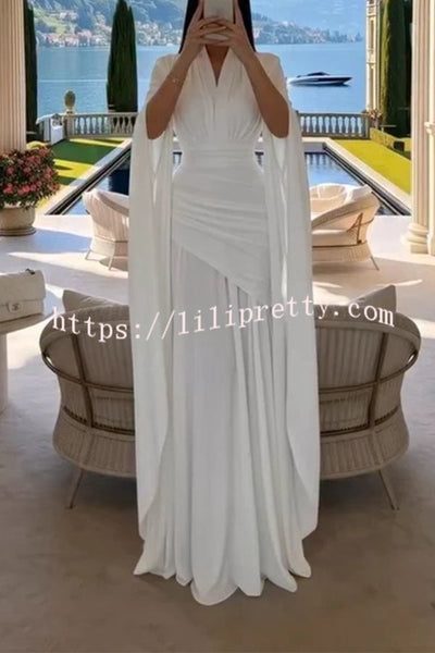 Luxury Cape Sleeve V-Neck Pleated Maxi Dress