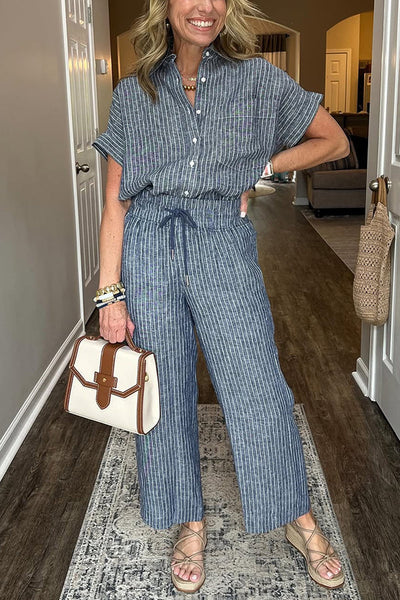 Fashion Striped Print Lapel Short-sleeved Shirt and Elastic Waist Pocket Casual Pants Set