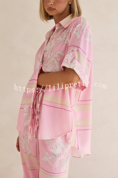 Fashionable Plant Print Loose Lapel Short Sleeve Shirt and Casual Elastic Waist Pocket Pants Set