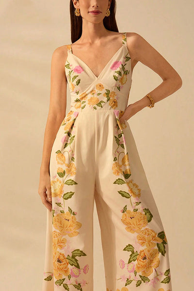 Bohemian Style Plant Print Casual Sling Holiday Loose Jumpsuit
