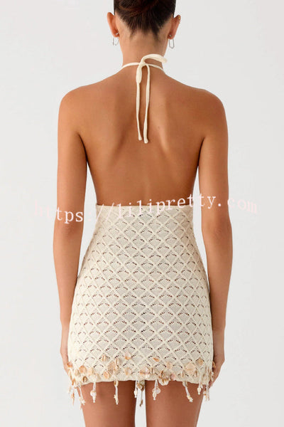 Fashionable Openwork Knit Halter Neck Backless Shell Embellished Vacation Cover-up Mini Dress