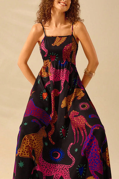 Unique Printed Sling Back Pleated Loose Holiday Maxi Dress