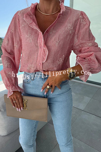 Stripe Print Plant Embroidery Long Sleeve Casual Shirt