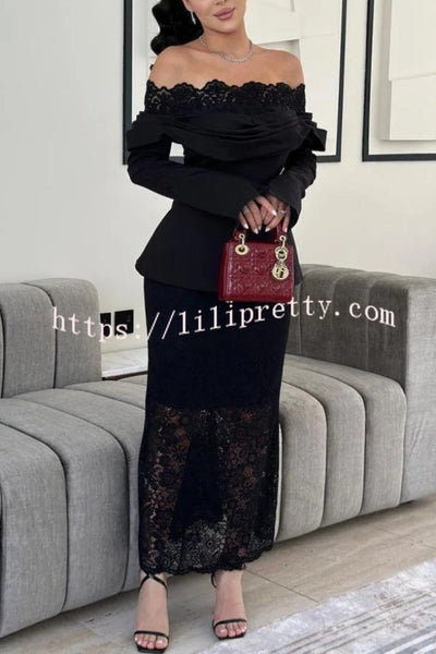Elegant Patchwork Lace Off-shoulder Pleated Long-sleeved Slim-fit Midi Dress