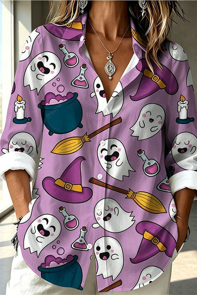 Halloween Shirt Featuring A Pattern of Little Ghosts and Jack-o'-lanterns.