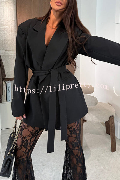 Chic Moment Lapel Long Sleeve Belt Pocketed Oversized Blazer