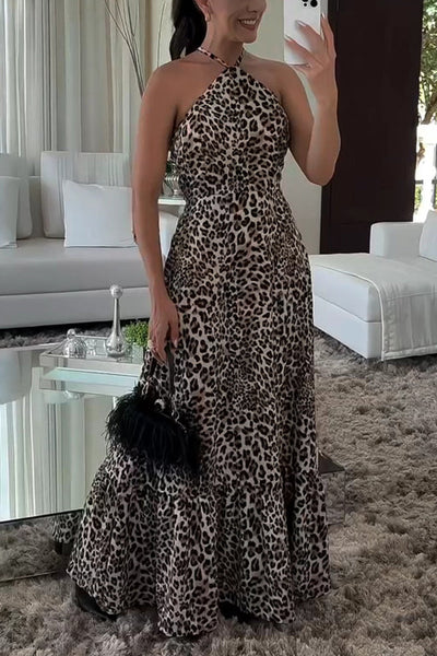 Leopard Print Sexy Halterneck Backless Lace-up Maxi Dress