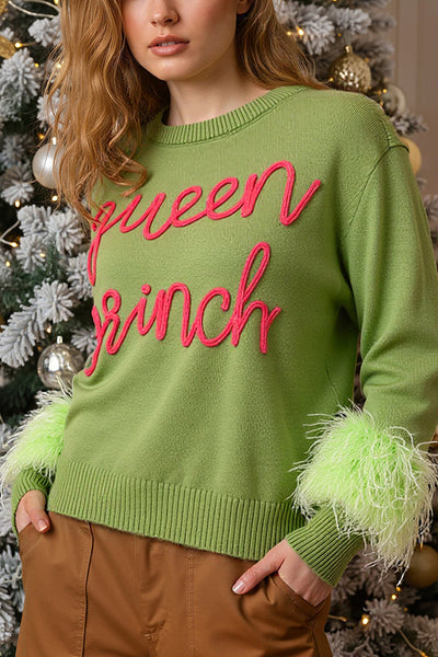 Green Grinch Christmas Feather Sleeve Loose Fit Sweatshirt