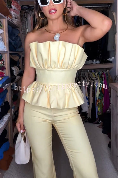 Every Occasion Crepe Panel Ruffles Strapless Top and High Rise Pocketed Flare Pants Set