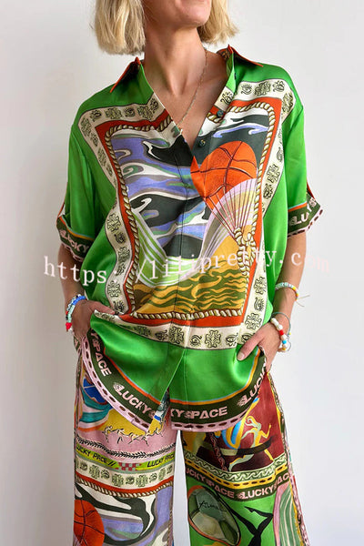 Unique Printed Lapel Short-sleeved Loose Shirt and Elastic Waist Tie Wide-leg Pants Set