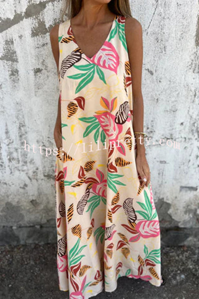 Botanical Print V-Neck Pocket Loose Casual Maxi Dress