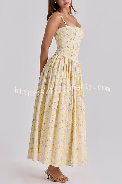 Romantic Countryside Stretch Cotton Blend Floral Print Cutout Trim Slip Midi Dress