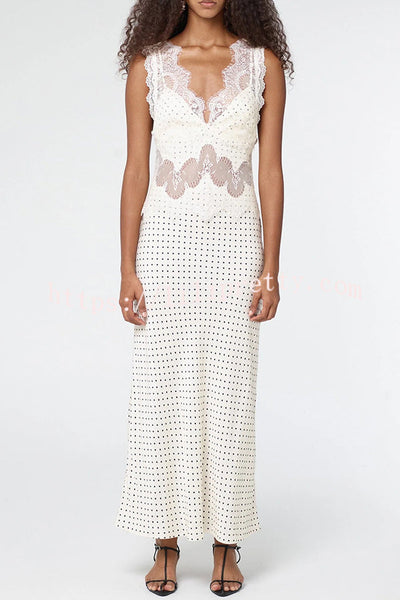 Wonderful Fusion Satin Lace Trim Poka Dot V-neck Drape Maxi Dress