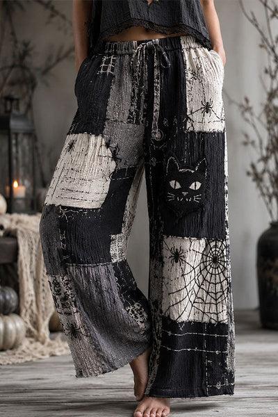 Halloween Dark-themed Printed Wide-Leg Pants