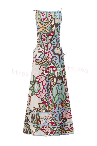 Unique Botanical Print Serrated Trim Round Neck Sleeveless Tie Casual Maxi Dress