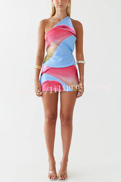 Unique Print Sexy Backless Lace-Up Top and Fitted Mini Skirt Set