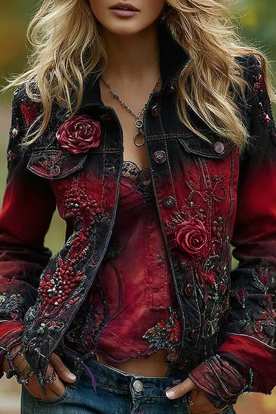 Unique Printed Lapel Long-sleeved Personalized Denim Jacket