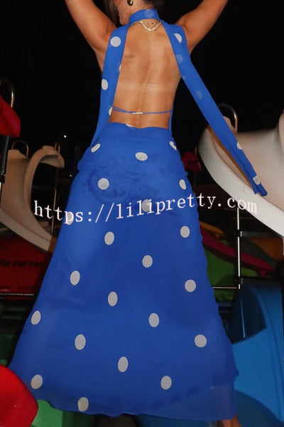 Fashion Polka Dot Print Sexy Halter Neck Backless Maxi Dress