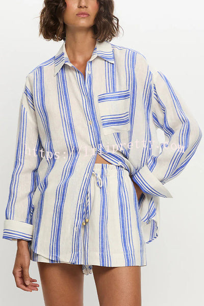 Stripe Print Lapel Long-sleeved Casual Shirt and Elastic Waist Loose Shorts Set