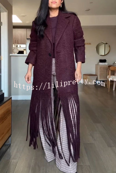Street Style Wool Blend Long Sleeve Pocket Tassel Trim Lapel Midi Coat