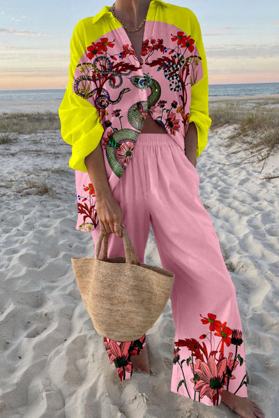 Plant and Snake Print Oversized Shirt and Elastic Waist Pocket Pants Set
