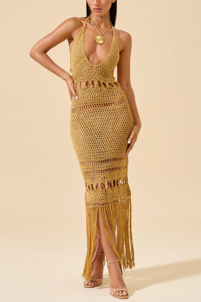 Fashionable Open-knit Backless Elegant Tassel Hem Vacation Cover-up Maxi Dress