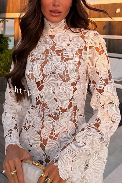 Tropica View Crochet Lace Seashell High Neck Long Bell Sleeve Mini Dress