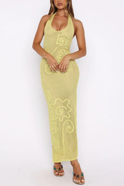 Solid Color Openwork Knit Backless Slim Fit Vacation Cover-up Maxi Dress