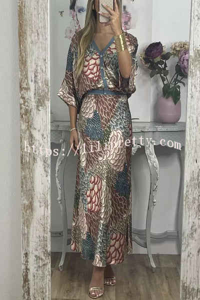 Palm Beach Satin Printed Button Wide Sleeve Shirt and Elastic Waist Maxi Skirt Set