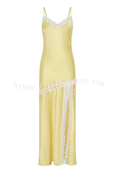 Sweet Trend Satin Lace Trim V-neck Slit Slip Maxi Dress