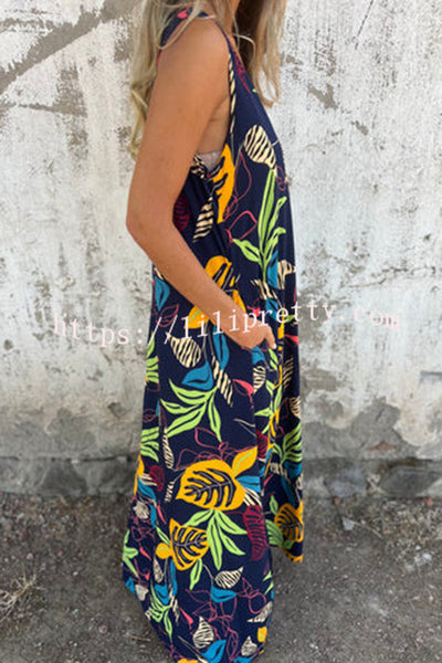 Botanical Print V-Neck Pocket Loose Casual Maxi Dress