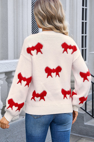 Fashionable Round Neck Long Sleeve Knitted Bow Sweater