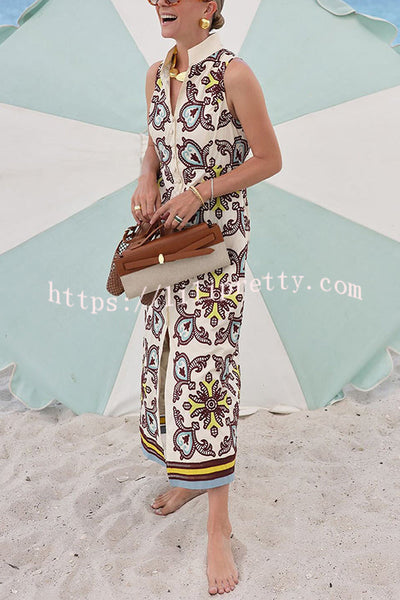 Unique Print Sleeveless Button Resort Midi Dress