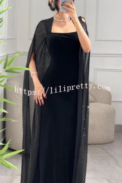 Solid Color Velvet Square Neck Slim Fit Rhinestone Maxi Dress