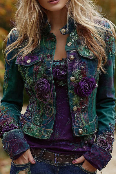 Unique Printed Lapel Long-sleeved Personalized Denim Jacket