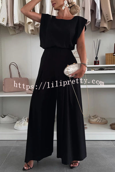 Santie Round Neck Cape Sleeve Loose Top and Elastic Waist Pocket Wide Leg Pants Set