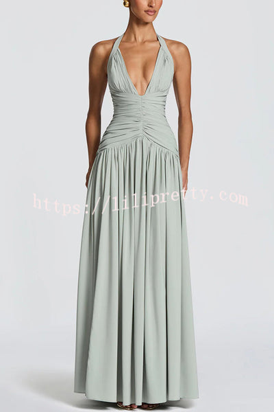 Amaris Halter Tie-up V-neck Ruched Detail Back Lace-up Slit Drape Maxi Dress