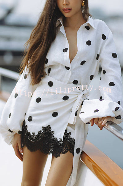 Lulabell Linen Blend Polka Dot Lantern Sleeve Shirt and Warp Tie-up Lace Trim Skirt Set