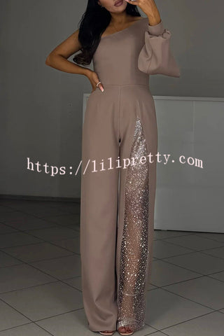 Carlisle One Shoulder Slit Lantern Sleeve Sequin Patchwork Wide Leg Party Jumpsuit