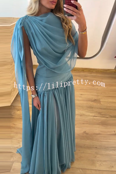 Solana Draped Sheer Cape Top and High Waist Pleated Slit Maxi Skirt Set