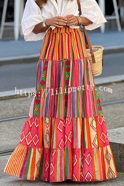 Special Printed Elastic Waist Loose Large Hem Skirt