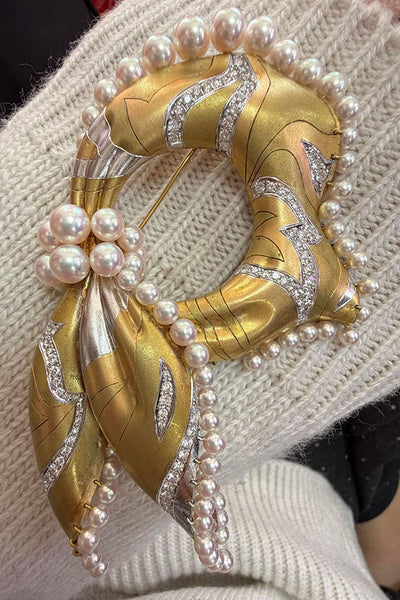 Vintage Silk Scarf and Shell Pearl Brooch