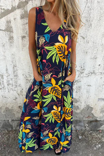Botanical Print V-Neck Pocket Loose Casual Maxi Dress