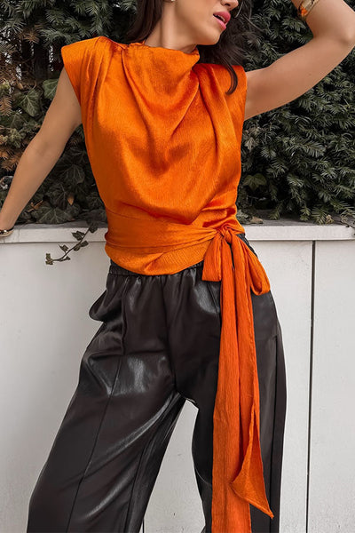 L'Aura Padded-Shoulder Wrap-Around Satin Top
