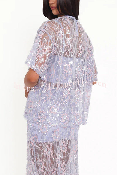 Catch The Light Sheer Sequin Lace Short Sleeve Loose Tee Top
