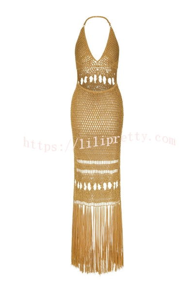 Fashionable Open-knit Backless Elegant Tassel Hem Vacation Cover-up Maxi Dress