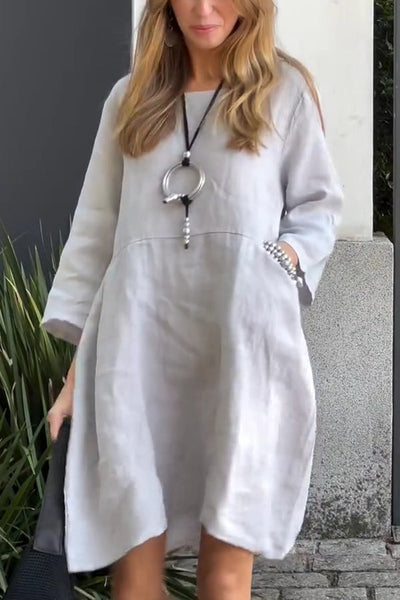Linen Blend Solid Loose Casual Pocket Mini Dress
