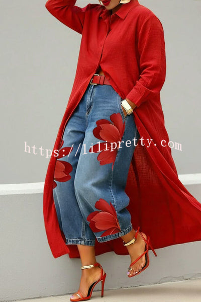 Fashionable Floral Print Loose-fitting Casual Pockets Wide-leg Jeans