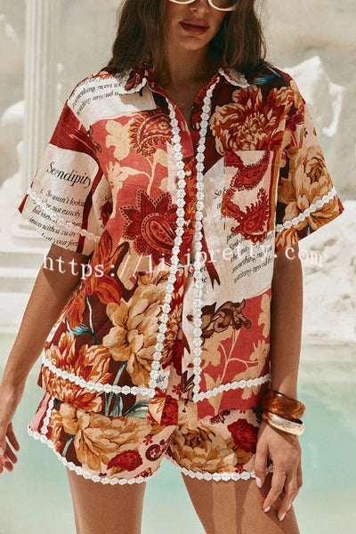 Unique Printed Collared Short-sleeved Loose-fitting Shirt and Casual Floral Trim Shorts Set